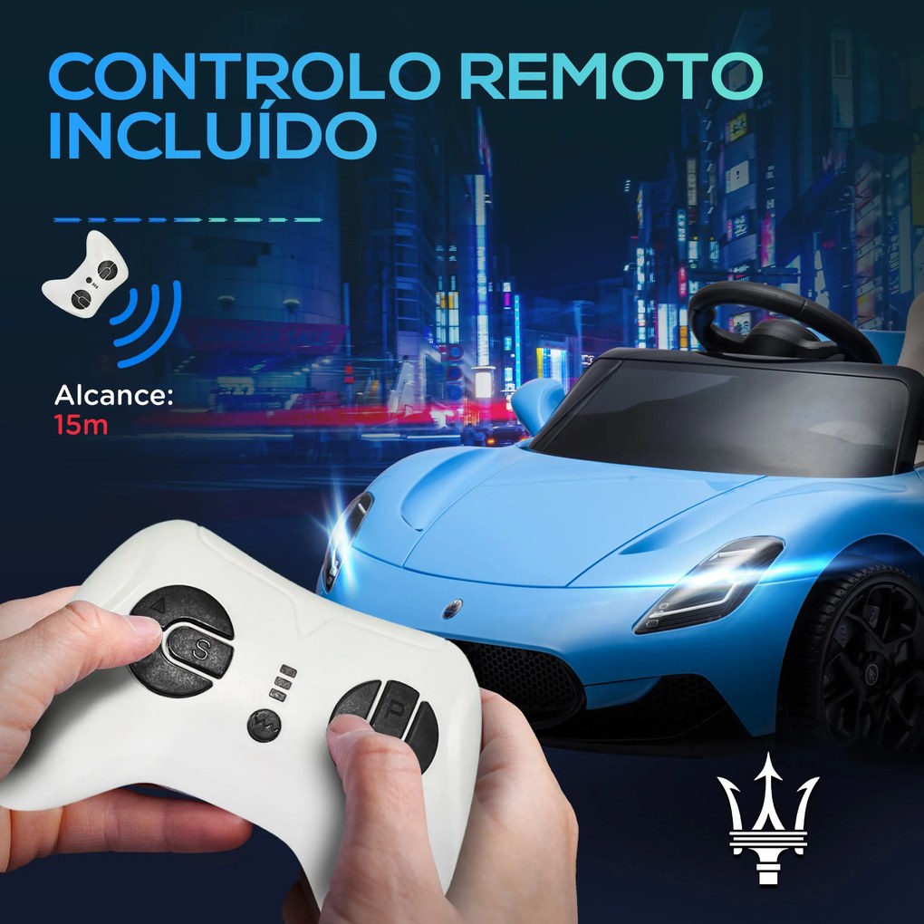 Carro Elétrico para Crianças com Licença Maserati MC20 com Bateria 12V Controlo Remoto Farois Buzina e Música 105x65,5x42 cm Azul