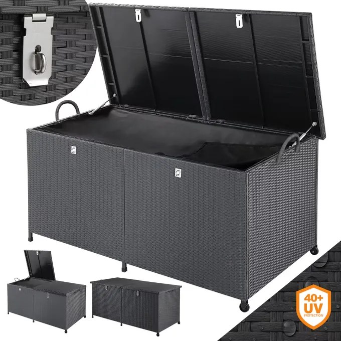 Caixa de exterior para almofadas 625 L em Polyrattan 151x77x73cm com Rodas Preto