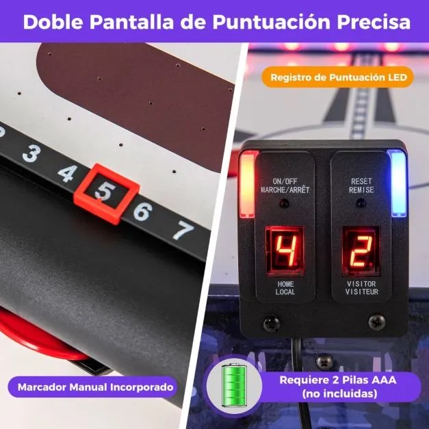 Mesa de Air hóquei com luzes LED e marcador LED 137 x 65 x 86 cm, 2 empurradores e discos, motor potente de 12V azul