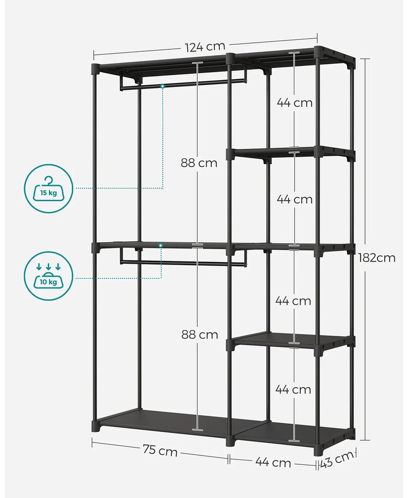 Guarda Roupa aberto com varões para roupa 43 x 124 x 182 cm Preto