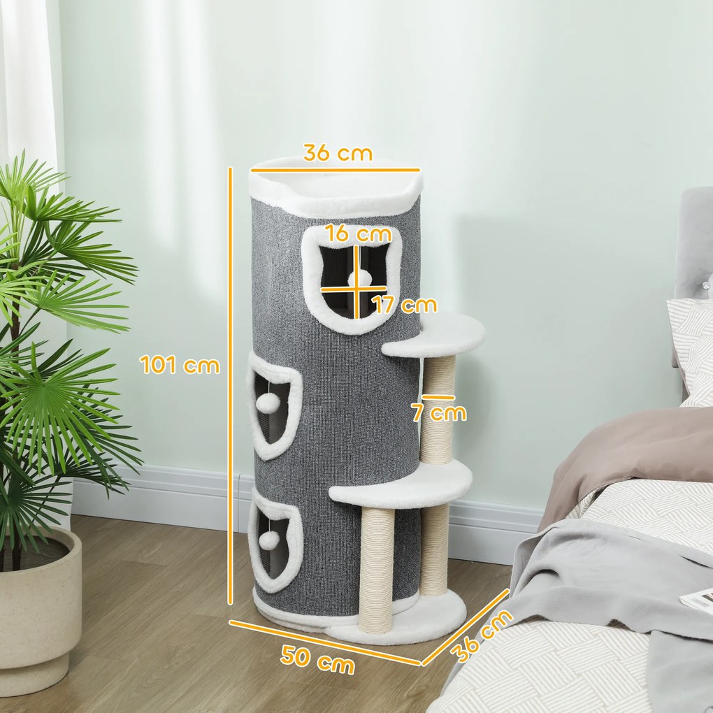Torre para gatos de 4 níveis, árvore para gatos estável com arranhadores de sisal e borda em pelúcia, 2 plataformas, 50 x 36 x 101 cm, cinzenta