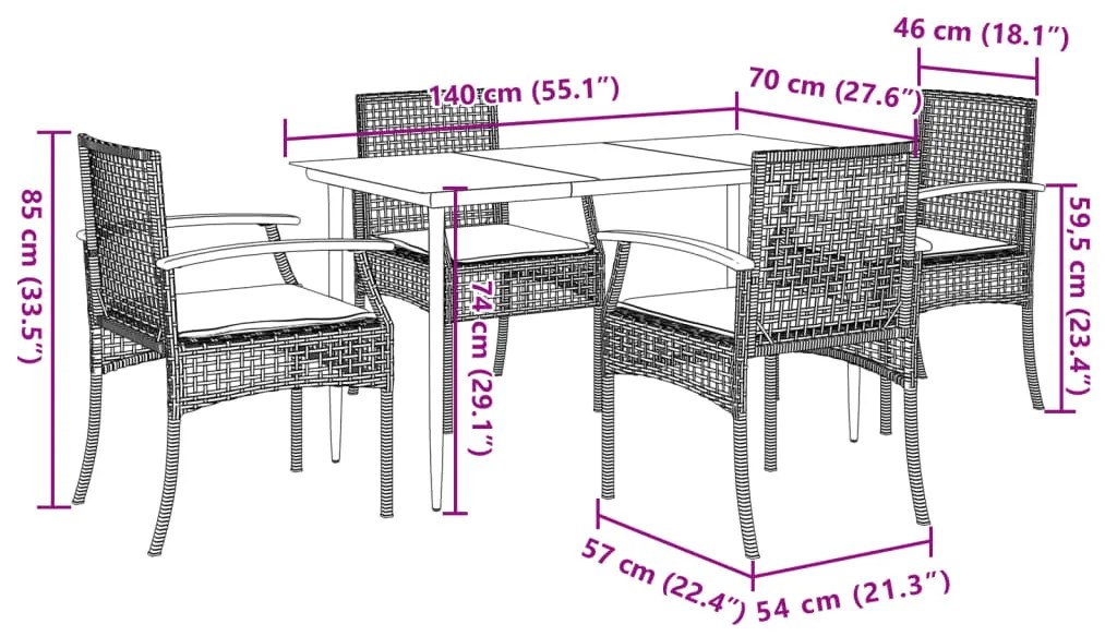 5 pcs conjunto de jantar p/ jardim com almofadões vime PE bege