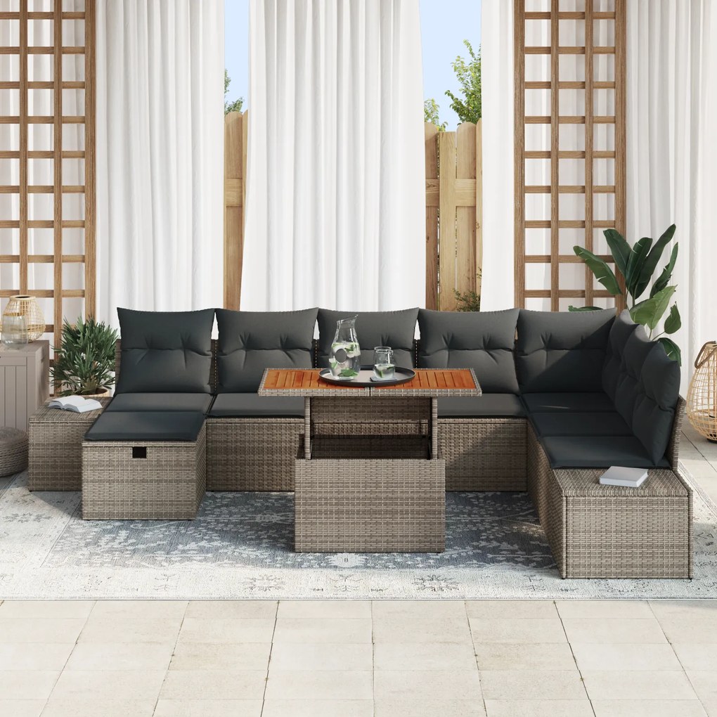 Conjunto de Sofá de Jardim de 9 Peças com Almofadas Cinza Rattan Polié