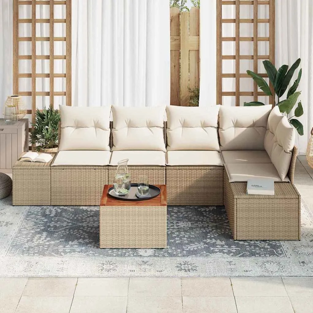 Conjunto de Sofás de Jardim 6 pcs Bege e Branco Vime, Tecido