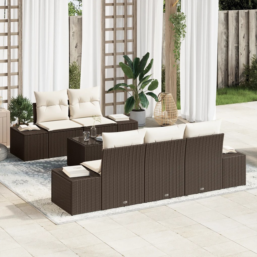 vidaXL Conjunto de Sofá de Jardim de 6 Peças com Almofadas Rattan Poliéster Castanho
