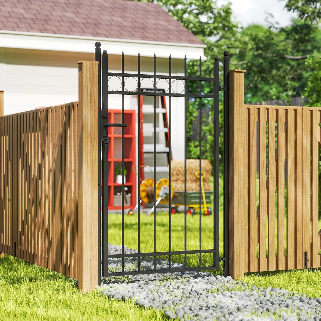 Portão de Jardim 89x147,5 cm Porta para Vedação de Barra de Aço Galvanizado com Puxador Fechadura e 3 Chaves Preto