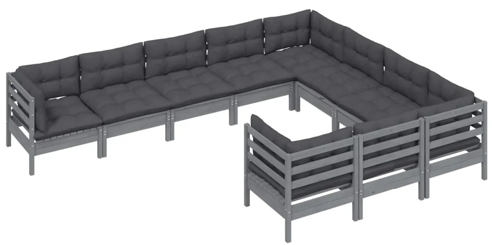 10 pcs conjunto lounge de jardim c/ almofadões pinho cinza