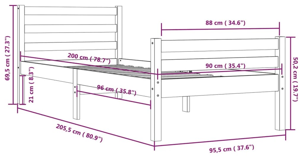 Estrutura de cama 90x200 cm madeira maciça preto