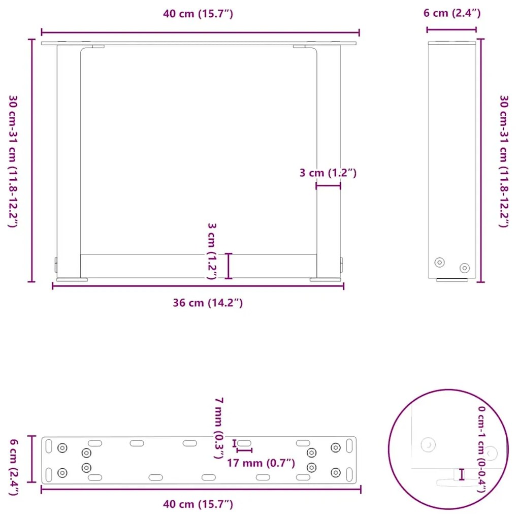 Pés para mesa de centro em formato de U, 2 peças, aço natural, 40x(30-
