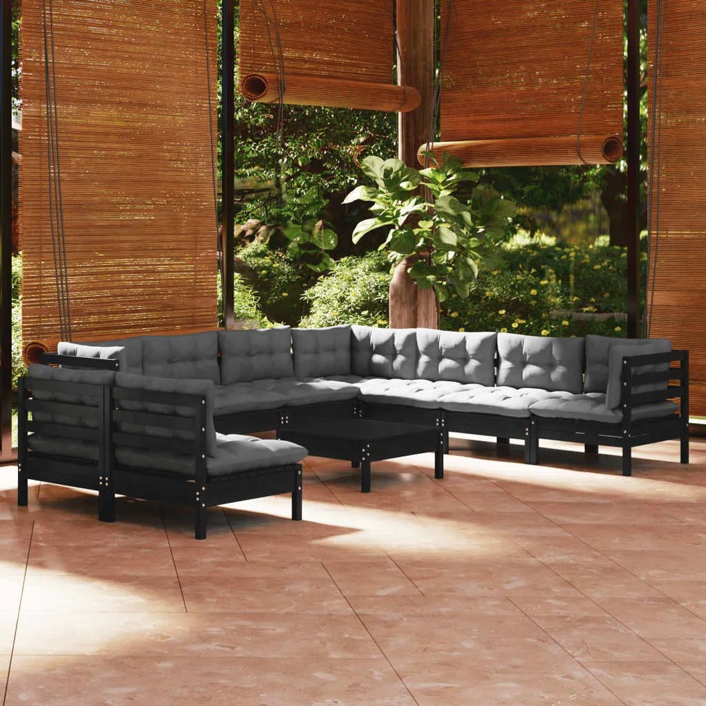 vidaXL 10 pcs conjunto lounge jardim c/ almofadões pinho maciço preto