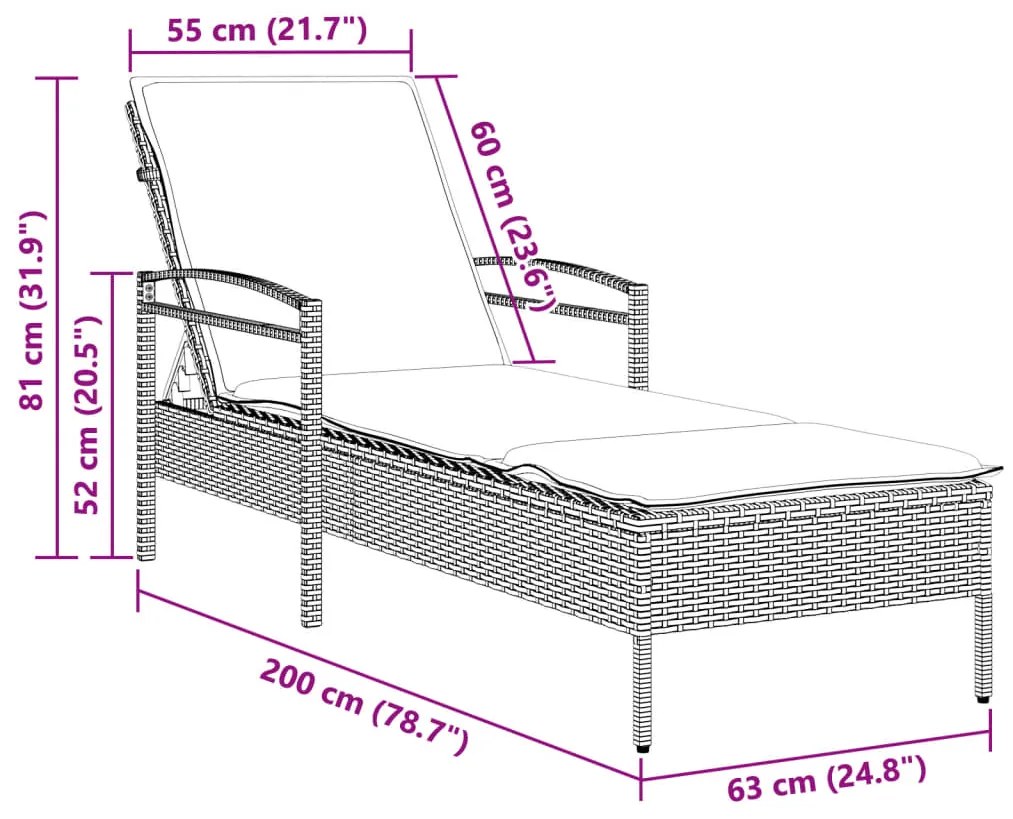 Espreguiçadeira com almofadão 63x200x81 cm vime PE bege
