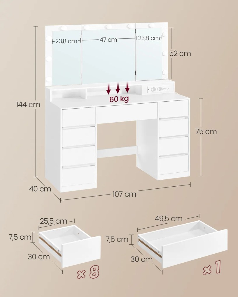 Toucador com espelho e iluminação 40 x 107 x 144 cm branco