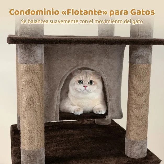 Arranhador Multinível para Gatos 148 cm com casa de Pelúcia Postes para Arranhar Buraco Pompom Castanho