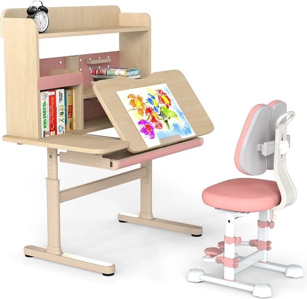 Conjunto de secretária e cadeira infantil com estante e gaveta Superfície inclinável Cadeira com altura e encosto ajustáveis Rosa