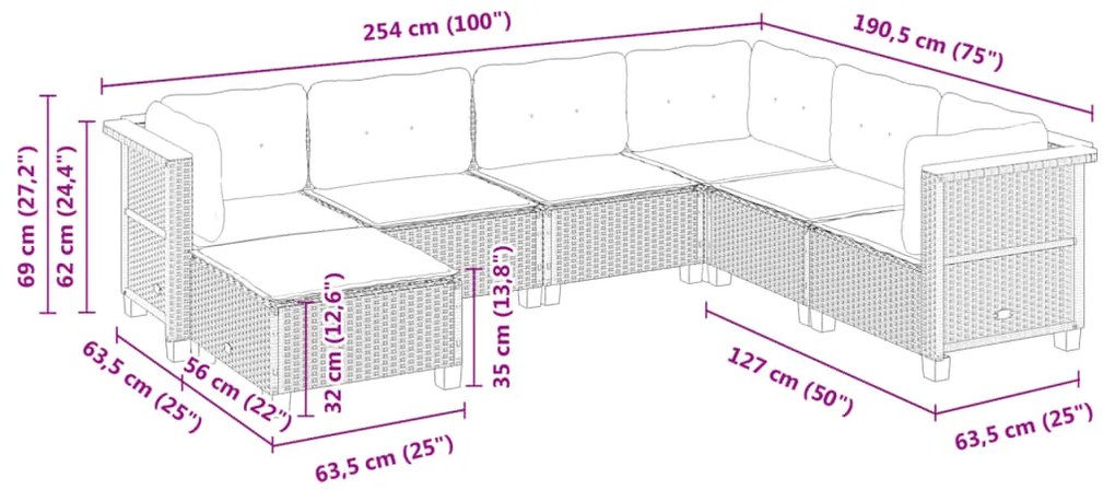 7 pcs conjunto de sofás p/ jardim c/ almofadões vime PE preto