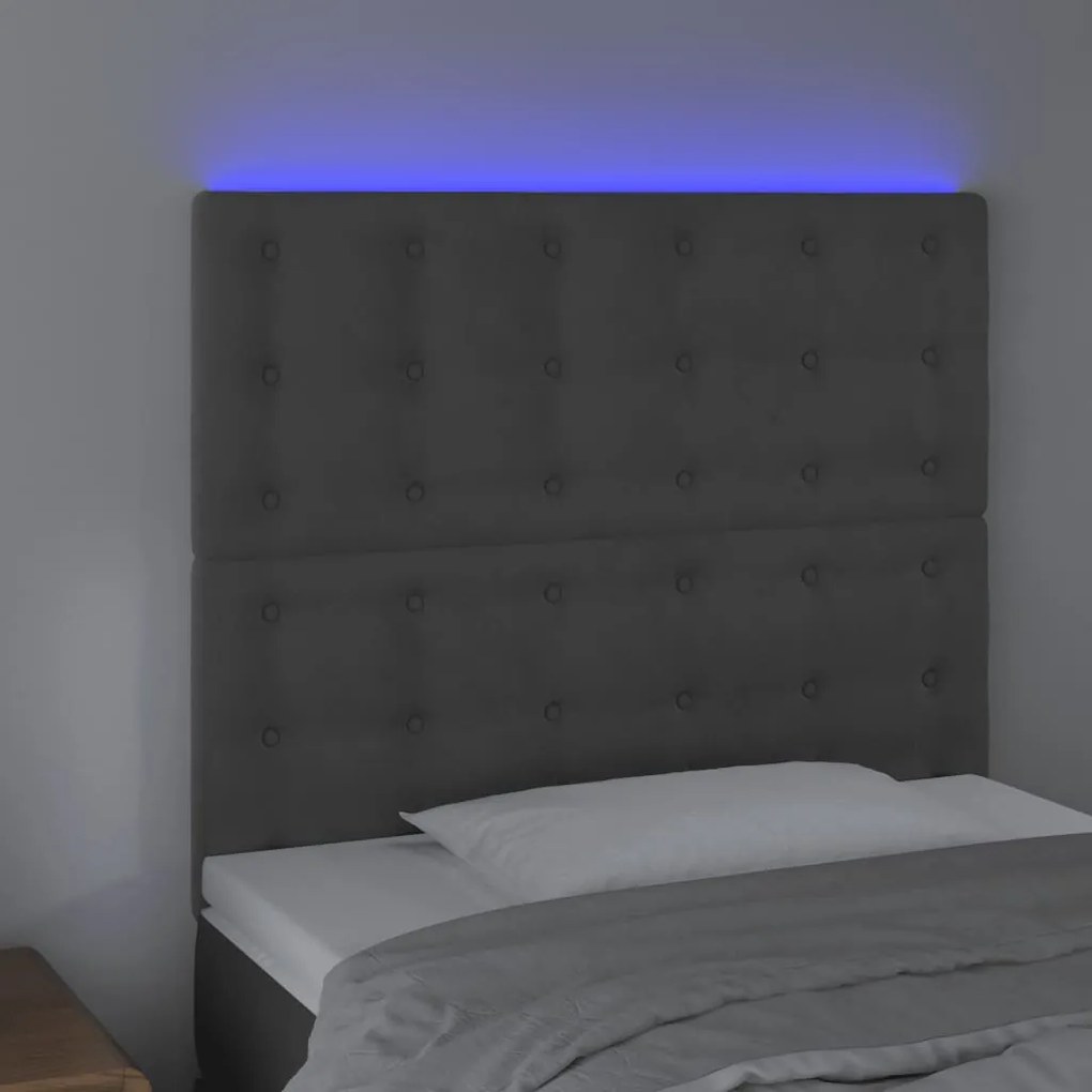 Cabeceira de cama c/ LED veludo 100x5x118/128 cm cinza-escuro