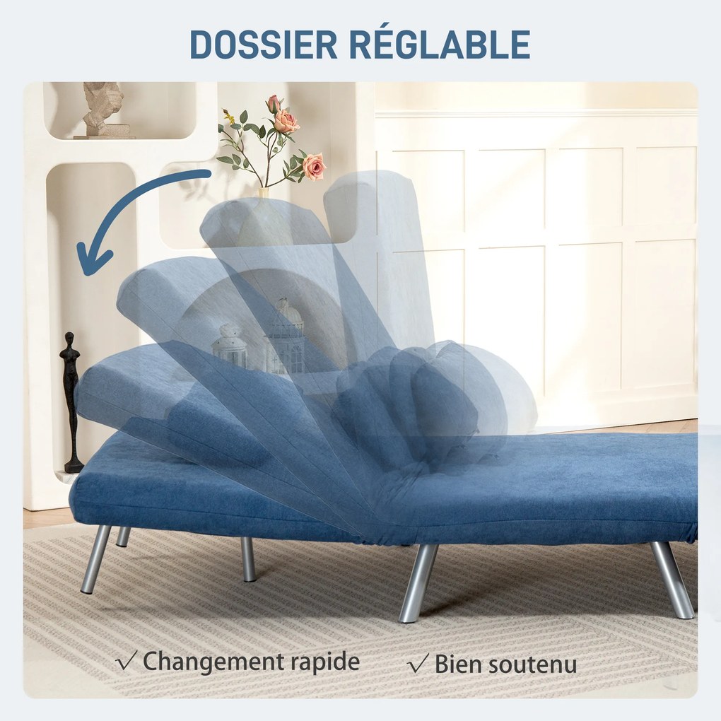 Poltrona convertível de 1 lugar, poltrona-cama clic-clac 3 em 1 com encosto ajustável, almofada, assento largo, azul