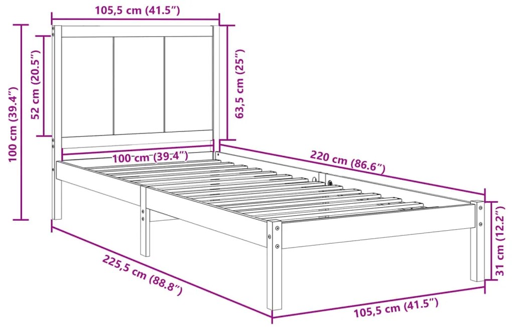 Cama extra longa sem colchão 100x220 cm madeira maciça