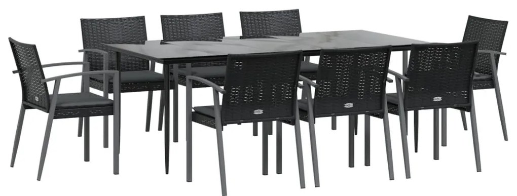 9 pcs conjunto de jantar p/ jardim com almofadões vime PE e aço