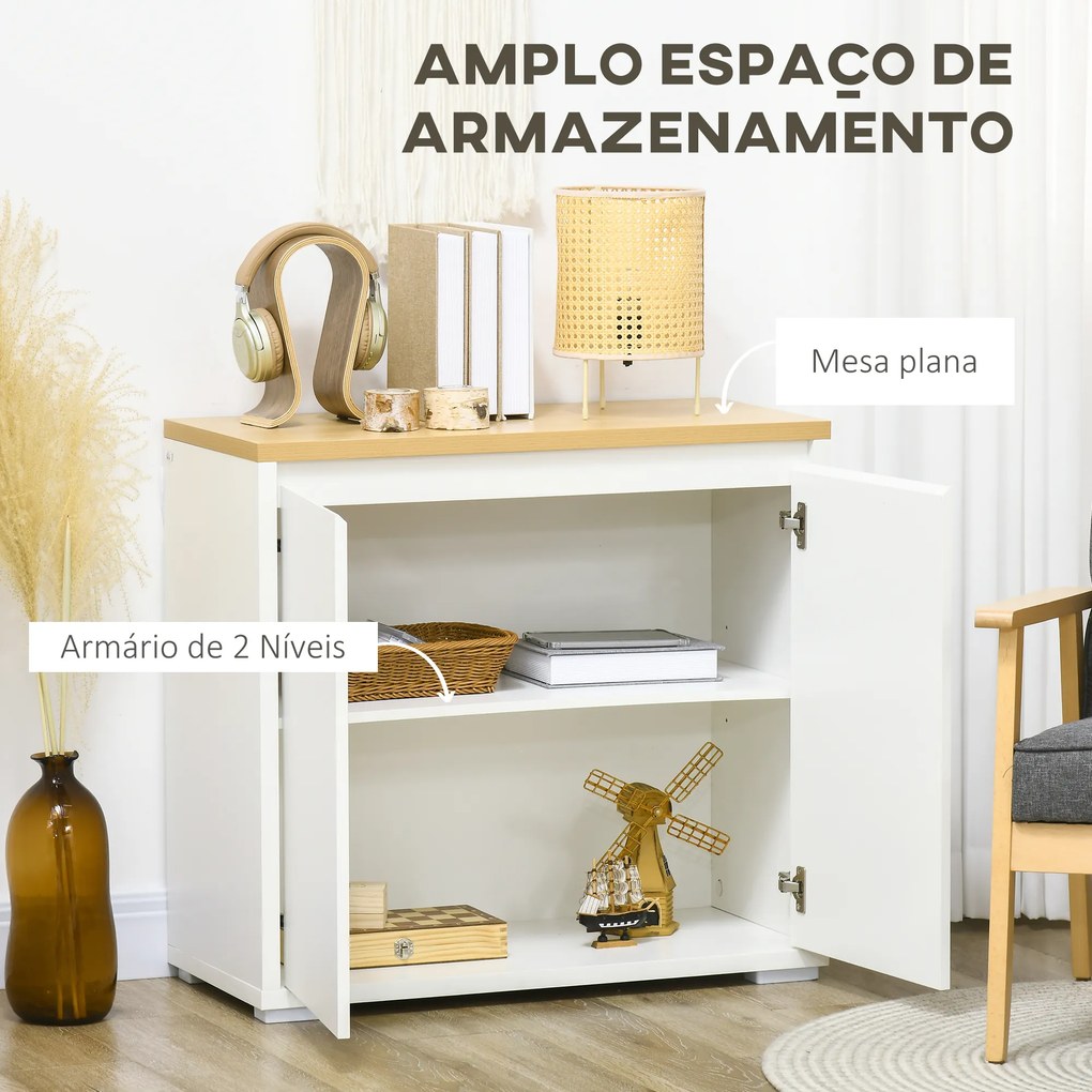 HOMCOM Aparador de Sala de Estar Armário de Armazenamento Móvel Auxiliar de Cozinha com 2 Portas e Prateleira Ajustável para Sala de Jantar Entrada 80x37x75 cm Branco e Madeira