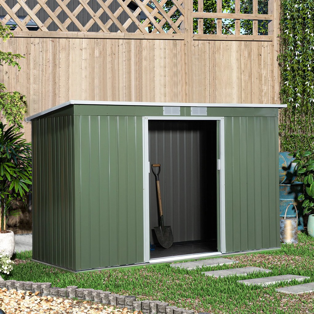 Abrigo de Jardim 280x130x172cm Abrigo de Exterior de Aço Galvanizado com Porta Corredeira e Ventilações para Armazenamento de Ferramentas Verde Claro