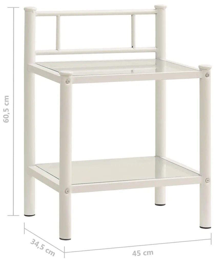 Mesa cabeceira 45x34,5x60,5cm metal branco e vidro transparente