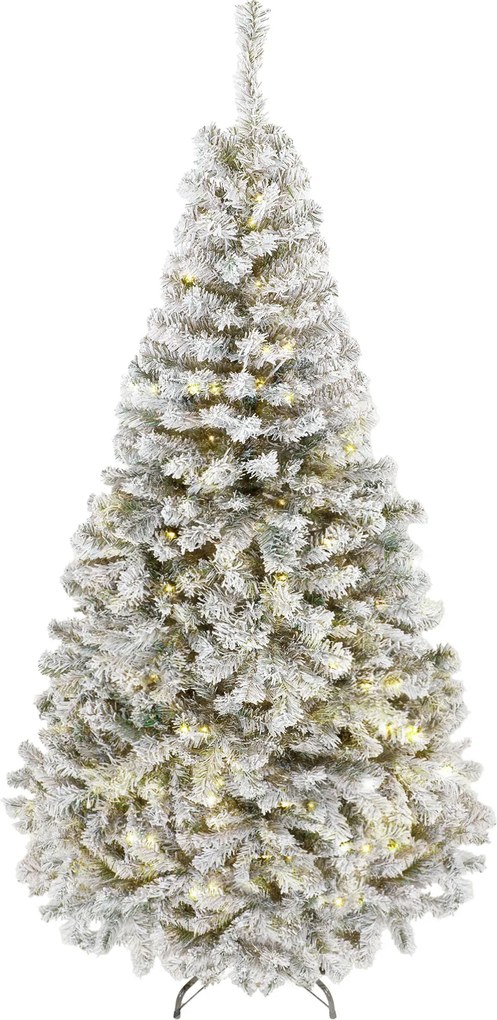 HOMCOM Árvore de Natal nevada com luzes LED 200 cm, abeto Fraser, ramos articulados, base metálica dobrável, verde e branco | Aosom Portugal
