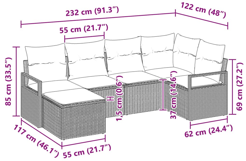 Conjunto de Sofá de Jardim vidaXL de 6 Peças com Almofadas Cinza Ratta