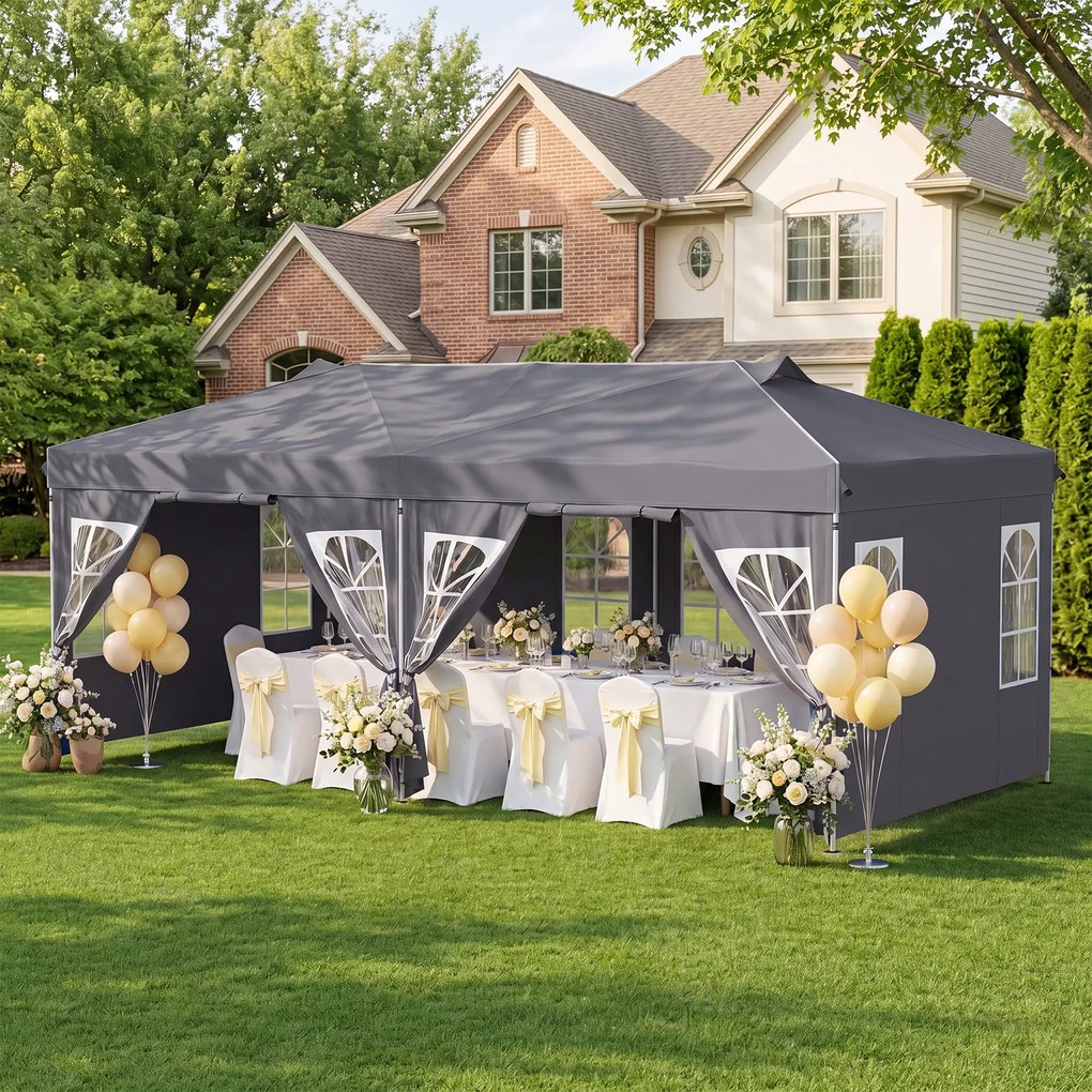 Tenda Dobrável para Exterior, 600 x 300 cm, 3 Alturas Ajustáveis, Cinzenta