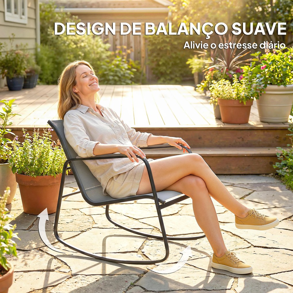 Conjunto de Jardim de 3 Peças com 2 Cadeiras de Balanço e Mesa com Tampo de Vidro e Estrutura de Aço para Pátio, Cinza