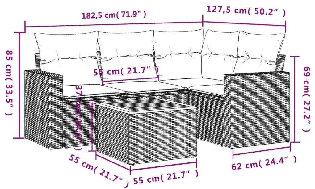 5 pcs conjunto sofás de jardim com almofadões vime PE preto