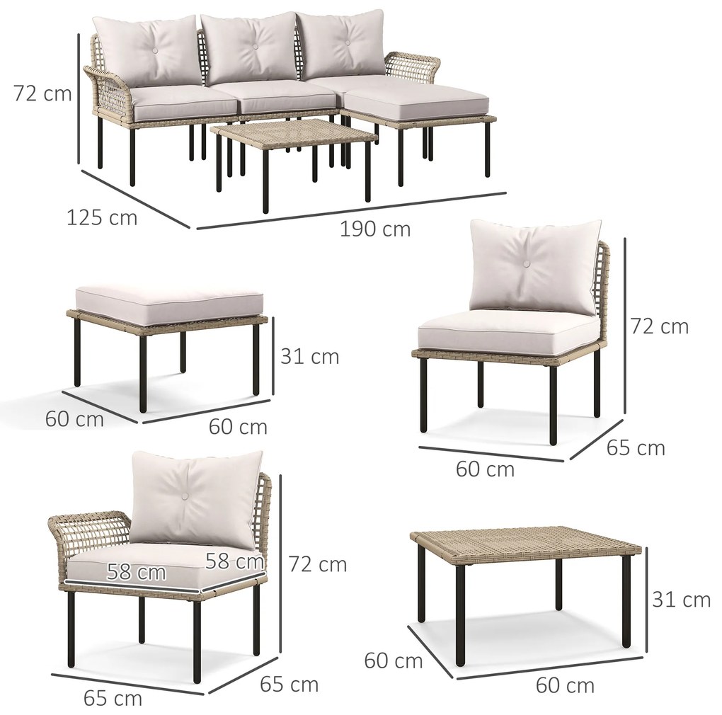 Conjunto de Jardim em Vime Sintético Conjunto de Móveis de Exterior com Sofá de 4 Módulos 1 Mesa de Centro e Almofadas Creme