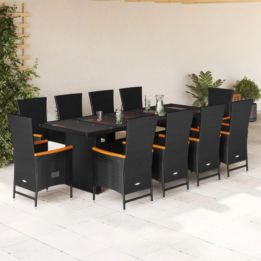 11 pcs conjunto de jantar p/ jardim c/ almofadões vime PE preto