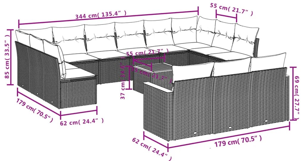 14 pcs conjunto de sofás p/ jardim com almofadões vime PE bege