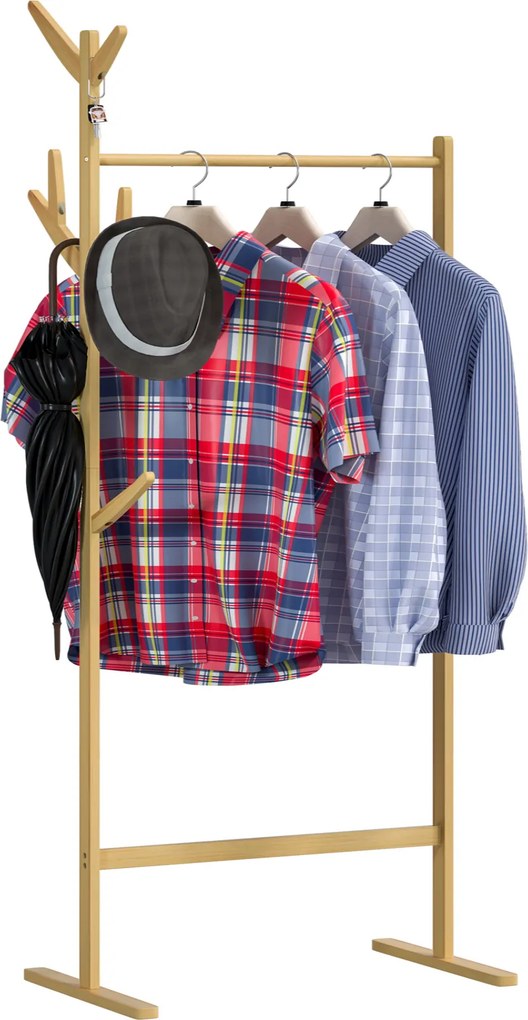 Cabide de bambu com barra para roupas e 8 ganchos 163 x 66 x 40 cm Castanho