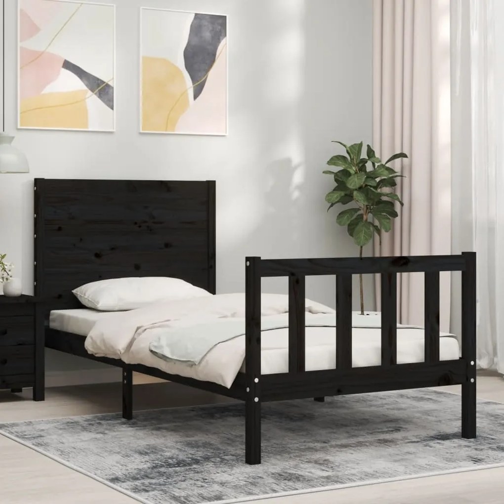 Estrutura de cama com cabeceira 100x200 cm madeira maciça preto
