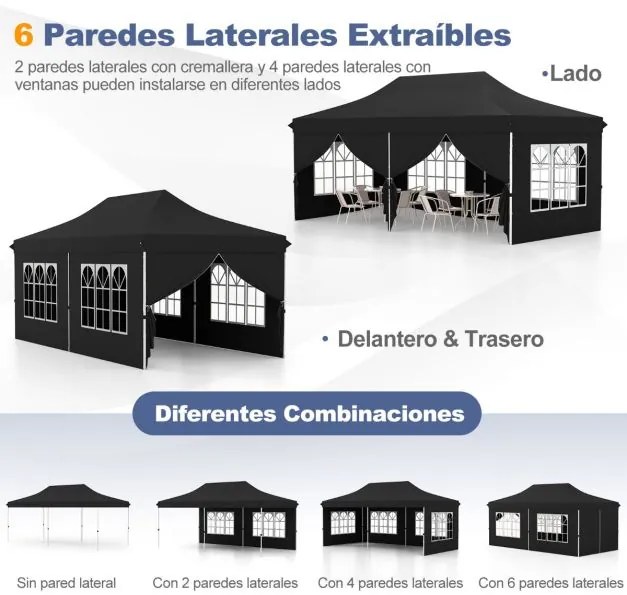 Tenda 600 x 300 cm pop-up com 6 paredes laterais removíveis para festas, casamentos, eventos com bolsa Preta