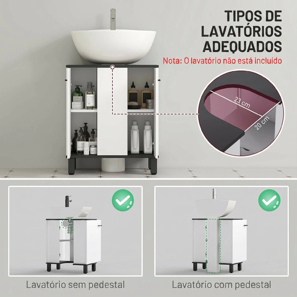 Móvel de Lavatório (NÃO INCLUIDO) com 2 Portas e Prateleira Ajustável para Lavatório com ou sem Pedestal 60x34x70 cm Branco Brilhante