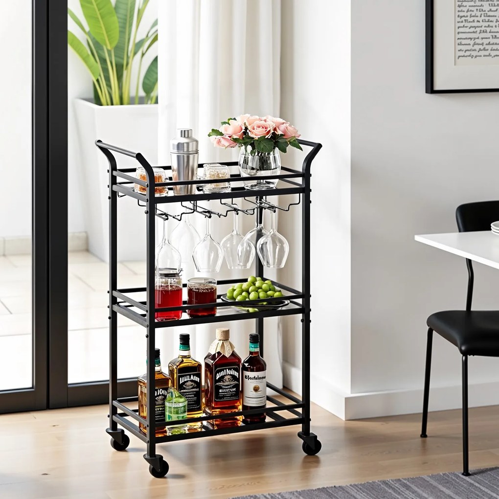 Carrinho de serviço bar com garrafeira com 3 níveis, com rodas 30 x 46,8 x 92 cm preto
