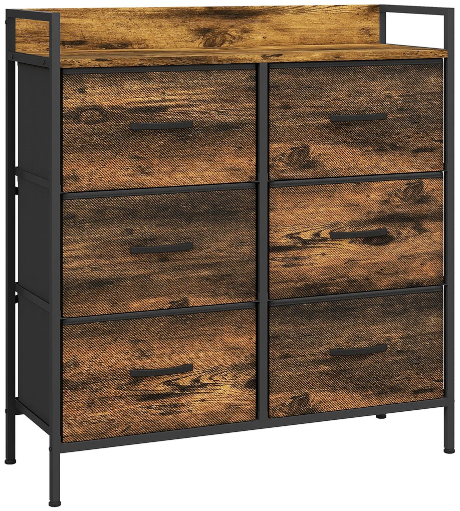 Cómoda com 6 Gavetas Dobráveis de Tecido Estrutura de Aço e Estilo Industrial 79x29x85 cm Castanho Rústico