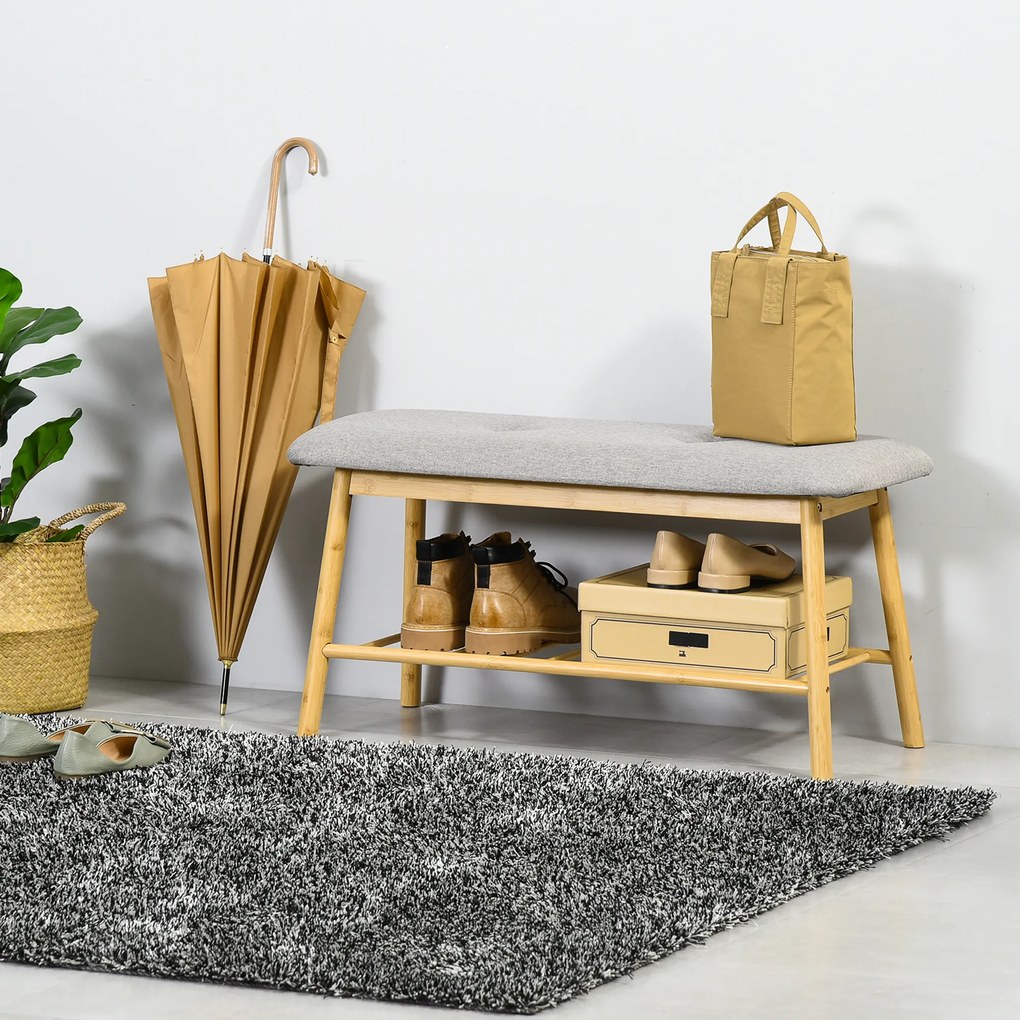 HOMCOM Banco Sapateiro Moderno Móvel de Entrada de Bambú com Assento Acolchoado e Prateleira para Sapatos Entrada Corredor 90x34x44cm Cor Natural e Cinza