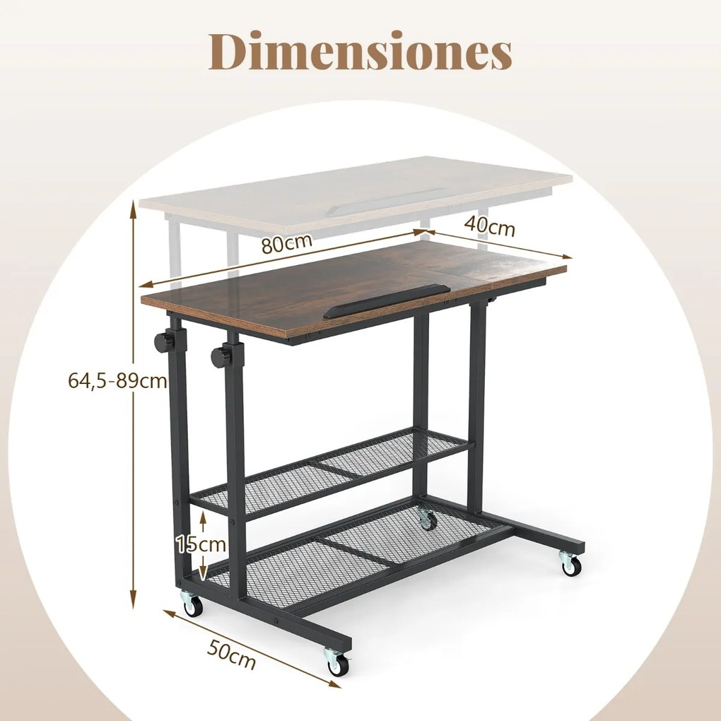 Secretária 80 x 50 x 64,5-89 cm ajustável em altura com tampo inclinável portátil com rodas Castanha