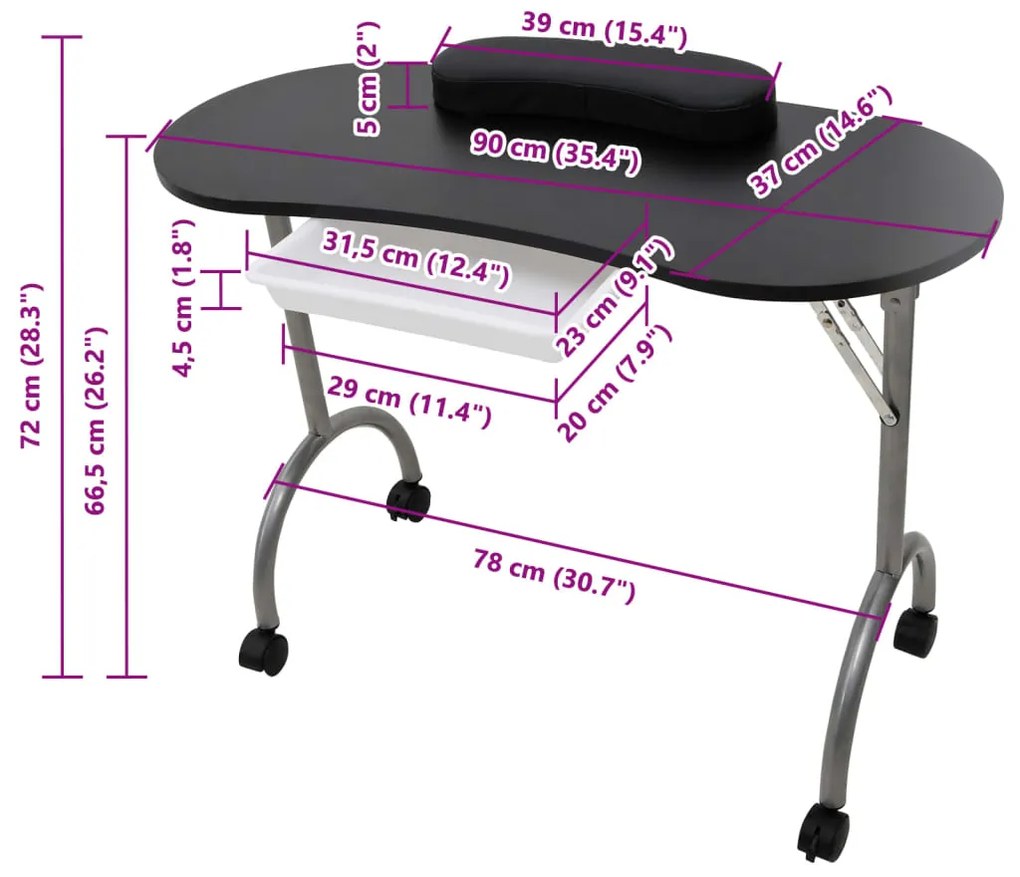 Mesa manicure dobrável com rodas, preta