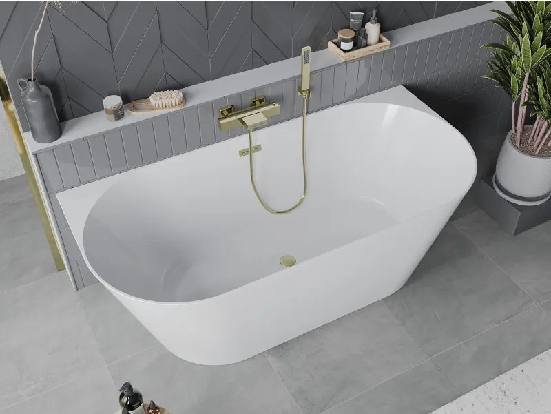 Mexen Oval Slim banheira independente encostada à parede 170 x 80 cm, branca, transbordamento dourado escovado - 52661708000-55
