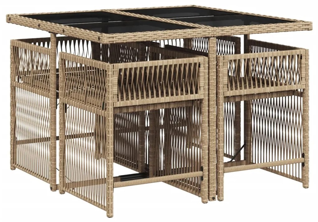 5 pcs conjunto de jantar p/ jardim com almofadões vime PE bege