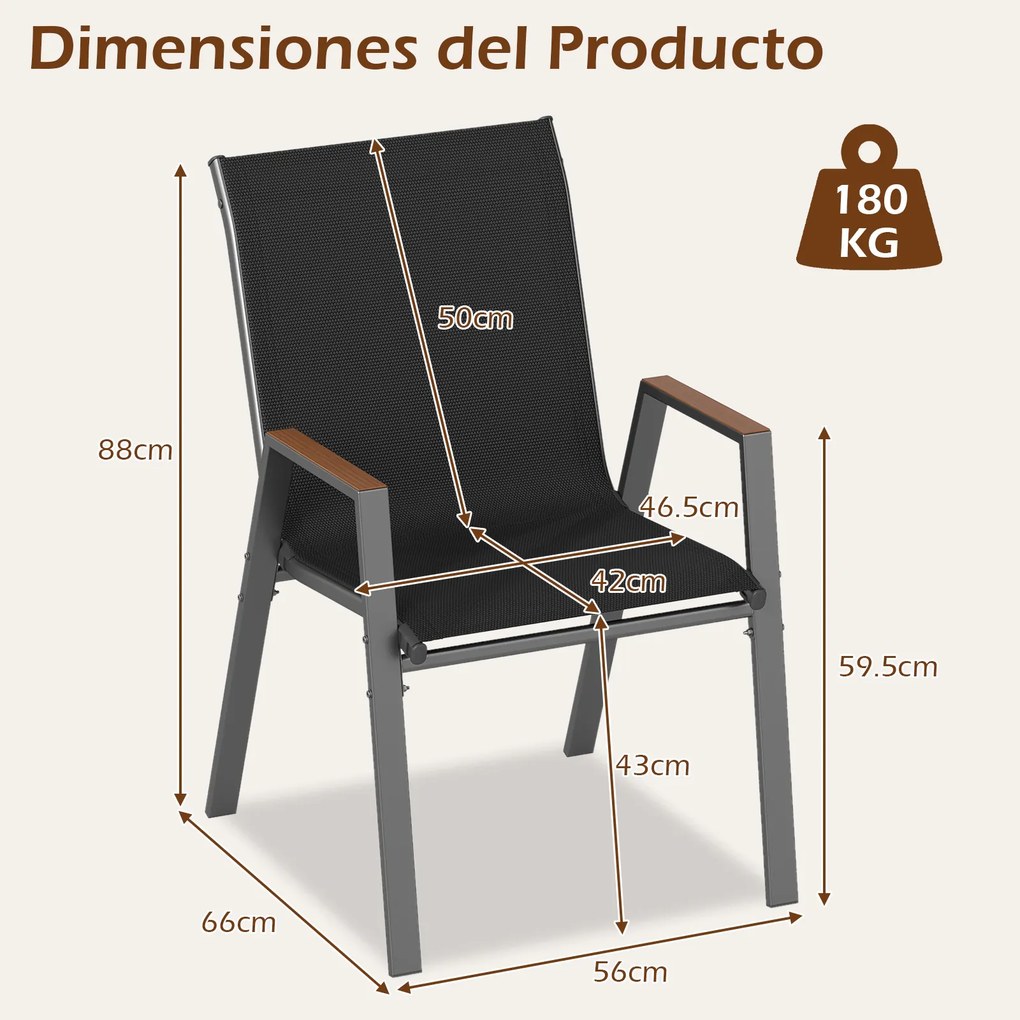 Conjunto de 6 Cadeiras de Jardim Empilháveis (PACOTE SÓ INCLUI 6 CADEIRAS, MESA NÃO INCLUIDA), 56 x 66 x 88 cm, Encosto Alto Ergonómico, Preto