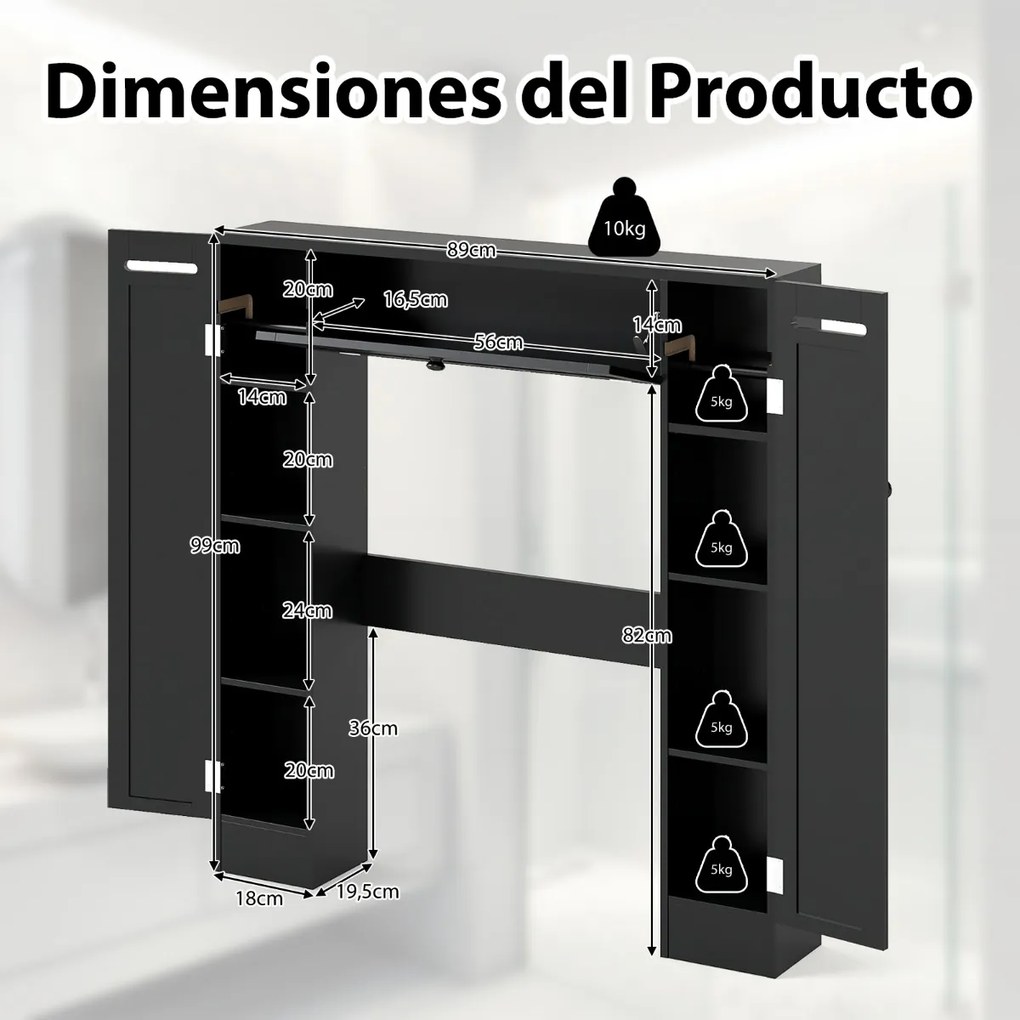 Estante sobre sanita 89 x 19,5 x 99 cm de casa de banho com prateleiras ajustáveis com suporte para papel higiênico Porta basculante Preto