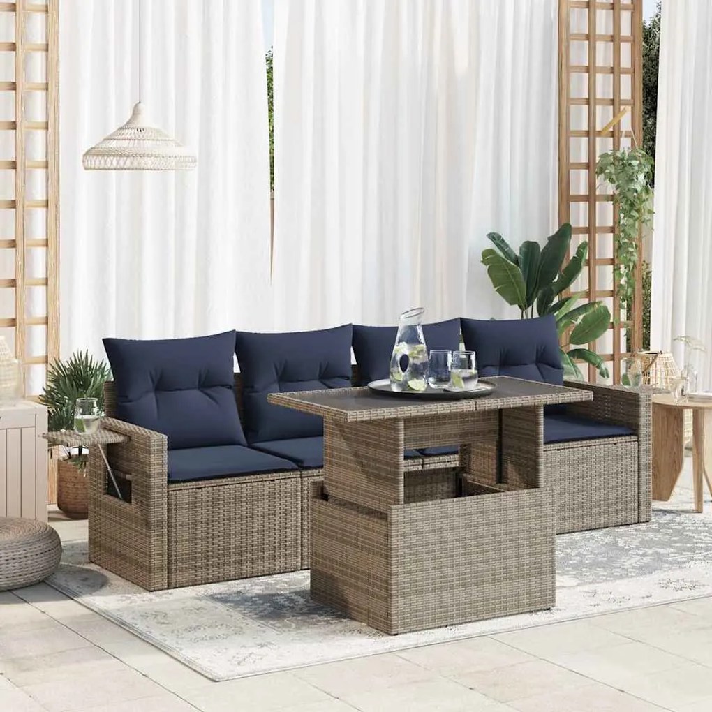5 pcs conjunto sofás de jardim com almofadões acácia e vime PE
