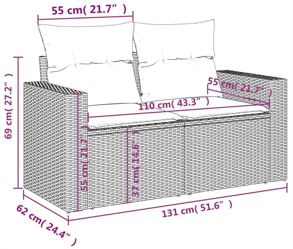 10 pcs conjunto sofás de jardim c/ almofadões vime PE preto