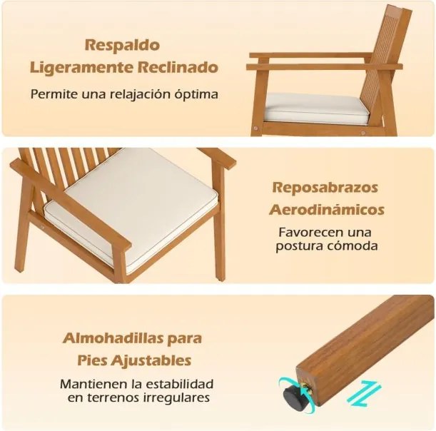 Conjunto 2 Cadeiras de Jantar jardim, Exterior em Madeira de Acácia com Almofada Removível e Apoio de Braços Castanho e Branco